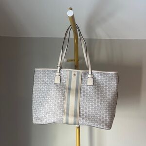 Tory Burch Logo Striped White Beige Tote Shoulder Bag Gemini Link Designer